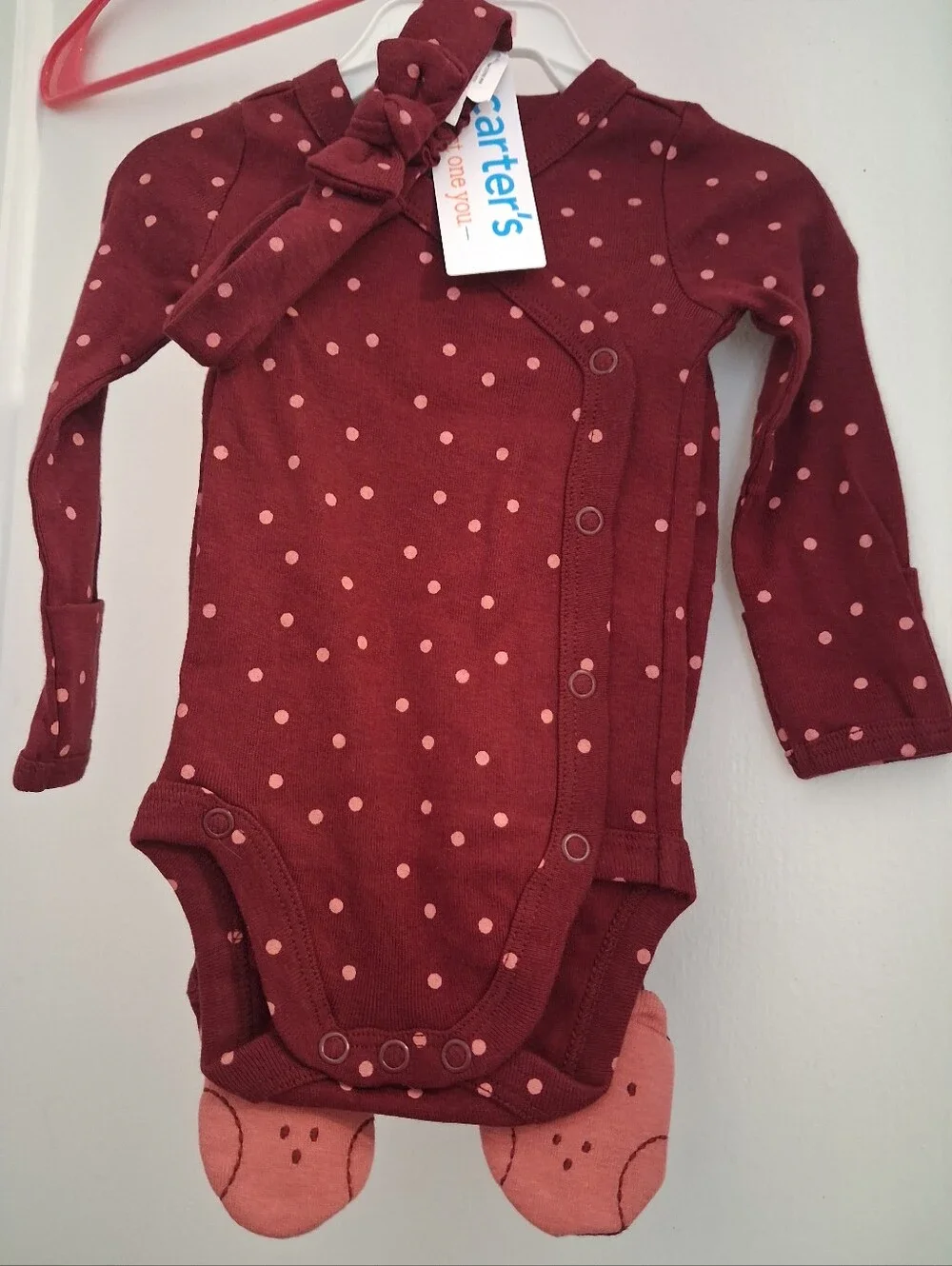Carter's Burgundy and Soft Pink Polka Dot Long-Sleeve One-Piece with Headband